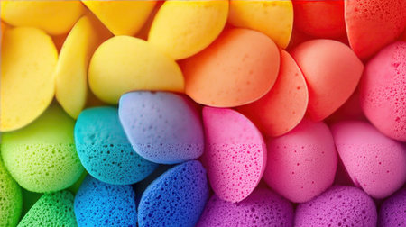 Fun, colorful arrangement of makeup sponges in rainbow colors, creating a vibrant aestheticの素材