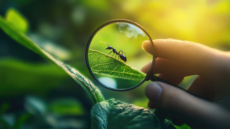 Hand holding a magnifying glass to a small ant crawling on a leaf, set against a natural backgroundの素材