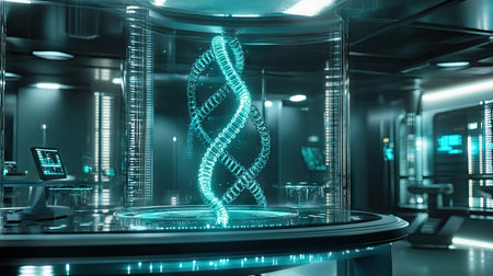 Futuristic genetic lab with holographic DNA models, symbolizing advanced gene editing techniquesの素材
