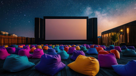 Open-air cinema scene with colorful bean bags and a giant screen under a clear starry skyの素材