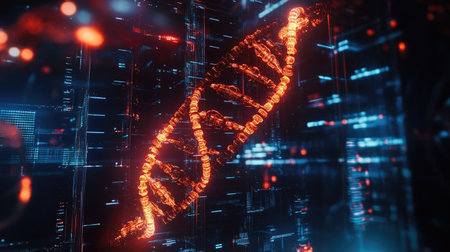 Glowing DNA double helix and molecular symbols, set against a futuristic background of science and technologyの素材