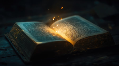 Light beam falling on the center of an open book, with surrounding darkness enhancing the contrastの素材