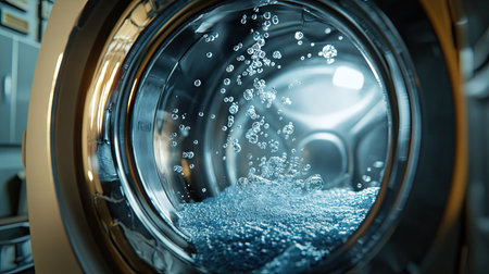 Modern washing machine mid-cycle with soapy water and bubbles visible through the doorの素材
