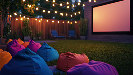 Outdoor movie night setup with colorful bean bags under hanging lights, screen ready for playの素材
