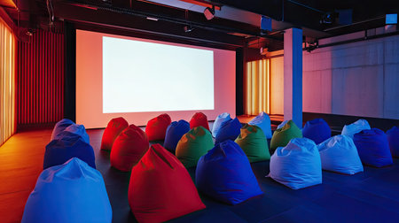 Rows of bean bags in shades of blue, red, and green, placed in front of a large white screen, sunset lightingの素材