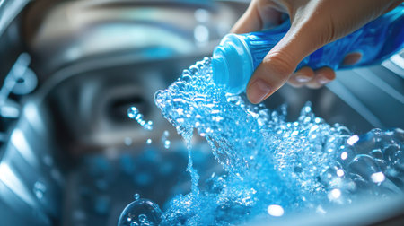 Person filling washing machine drawer with blue liquid detergent, bubbles rising in the backgroundの素材