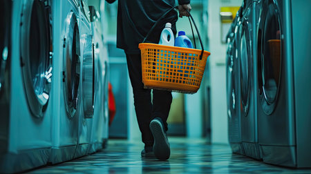 Person carrying a laundry basket with detergent bottle balanced on top, heading towards a laundry roomの素材