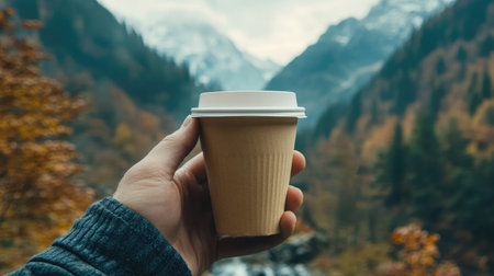 Person holding a paper coffee cup, with a scenic mountain landscape in the backgroundの素材