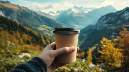 Person holding a paper coffee cup, with a scenic mountain landscape in the backgroundの素材