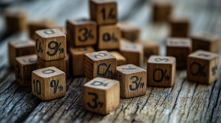 Randomly scattered wooden cubes with percent symbols on a rustic wooden surfaceの素材