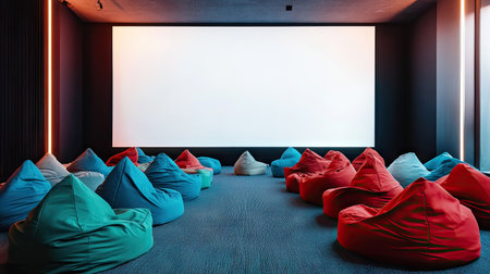 Rows of bean bags in shades of blue, red, and green, placed in front of a large white screen, sunset lightingの素材