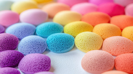 Rainbow-colored makeup sponges spread out on a white surface, creating a cheerful patternの素材