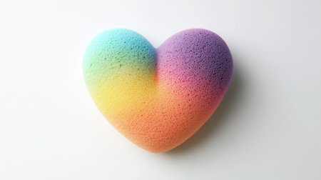 Rainbow-colored makeup sponges forming a heart shape, soft and colorful on a white backgroundの素材