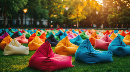 Rows of bean bags in different colors set up for a movie night in a city park, twilight ambianceの素材