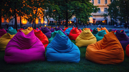 Rows of bean bags in different colors set up for a movie night in a city park, twilight ambianceの素材