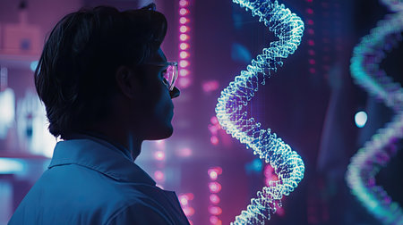 Researcher in a lab coat looking at a DNA double helix hologram, illustrating breakthroughs in genetic engineeringの素材