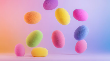 Rainbow makeup sponges floating in mid-air, as if falling, against a light backgroundの素材