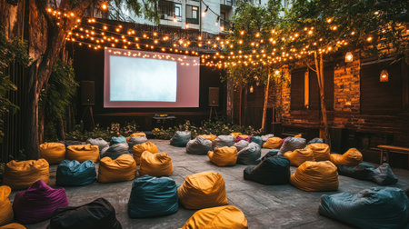 Rows of bean bags facing an outdoor movie screen with twinkling string lights in an urban gardenの素材