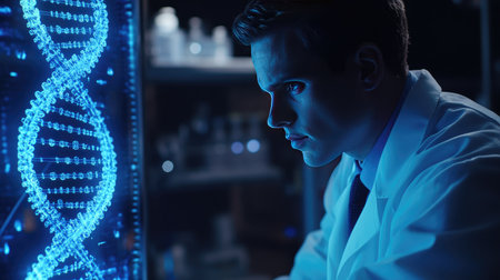 Researcher in a lab coat looking at a DNA double helix hologram, illustrating breakthroughs in genetic engineeringの素材