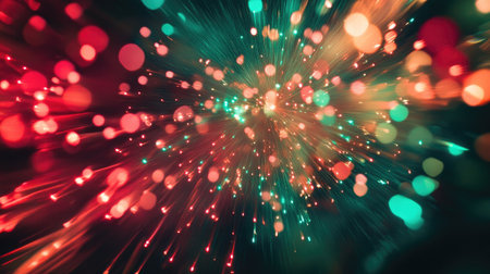 Red and green fireworks bursts in the night sky, leaving colorful trails and a vibrant glowの素材