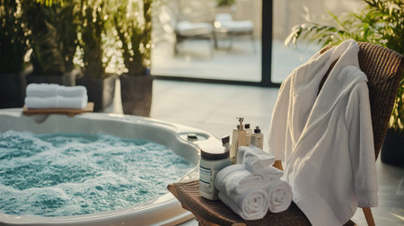 Relaxing scene with bathrobes folded on a chair beside a whirlpool, with towels and spa essentials nearbyの素材