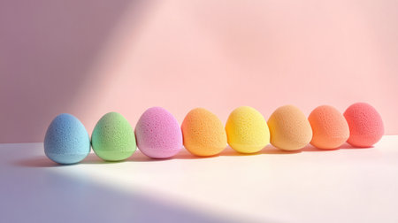 Rainbow gradient of makeup sponges in a straight line, with each color blending into the next on a light surfaceの素材