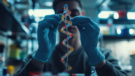 Researcher wearing gloves, holding a DNA strand model, symbolizing advancements in genetic technologyの素材