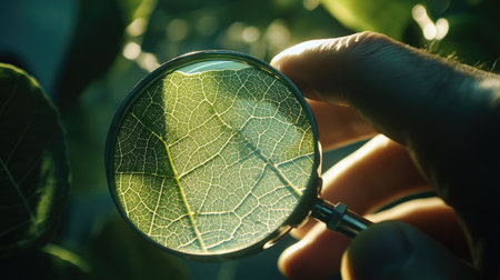 Scientist's hand using a magnifying glass to examine plant leaf veins, in a bright laboratory settingの素材