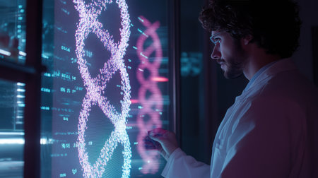 Researcher in a lab coat looking at a DNA double helix hologram, illustrating breakthroughs in genetic engineeringの素材