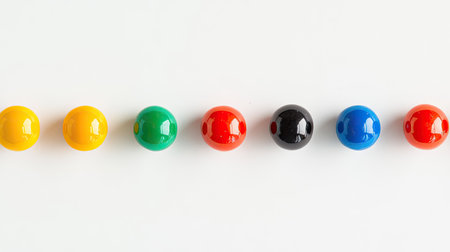 Rows of brightly colored gumballs in assorted colors, set against a simple white backgroundの素材