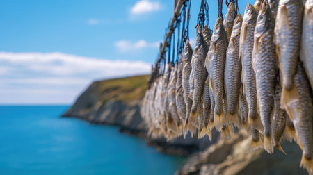 Rows of fish hanging to dry in the sea wind, with coastal cliffs and blue water behindの素材