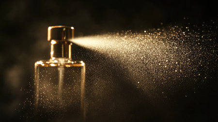 Silhouette of luxury perfume spray with droplets forming a cloud in the air, soft and glowingの素材