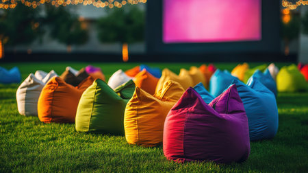 Rows of brightly colored bean bags on grass, facing a large cinema screen, ready for evening showの素材