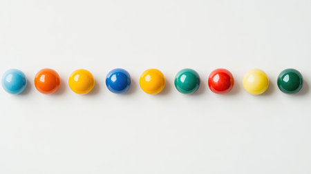 Rows of brightly colored gumballs in assorted colors, set against a simple white backgroundの素材