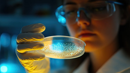 Scientist holding a petri dish with holographic DNA strands floating above, symbolizing gene editingの素材