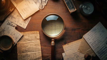 Top-down view of magnifying glass on a detective's desk, surrounded by clues, files, and notesの素材