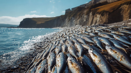 Rows of fish drying under the sun on a beach, with a rugged coastline and sea spray in the backgroundの素材