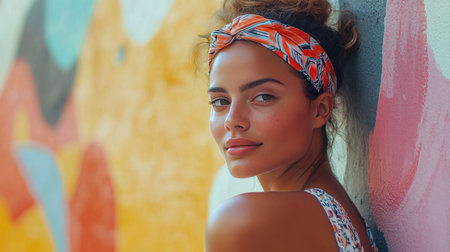 Stylish young woman with a headband, posing in front of a colorful mural in an urban area. Vibrant and lively atmosphereの素材