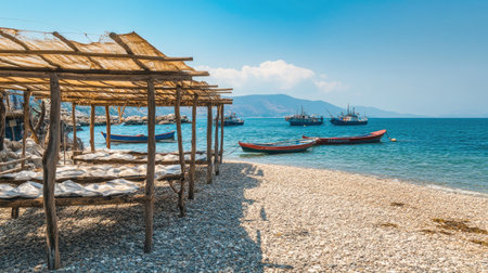Traditional fish drying setup on a coastal beach, with fishing boats in the backgroundの素材