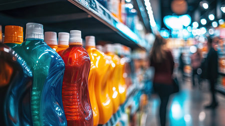 Rows of colorful detergent bottles on a supermarket shelf, people shopping in the backgroundの素材