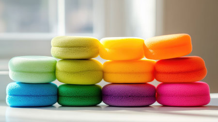 Various colorful makeup sponges stacked neatly in rainbow order on a white tabletopの素材