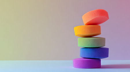 Stack of makeup sponges in a rainbow gradient, showing a variety of shapes and colors on a light backgroundの素材