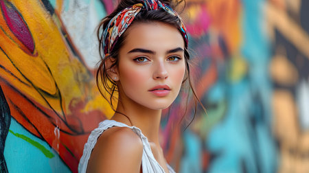 Stylish young woman with a headband, posing in front of a colorful mural in an urban area. Vibrant and lively atmosphereの素材