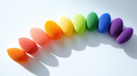 Variety of colorful makeup sponges forming a rainbow arc, arranged on a clean white surfaceの素材