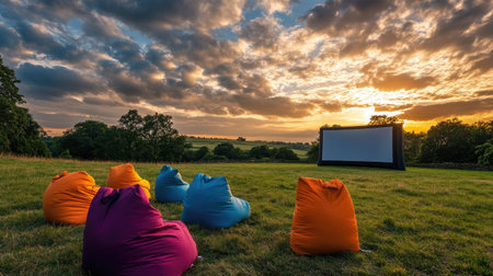 Vibrant bean bags set up in an open field, with screen ready for movie night under a cloudy skyの素材