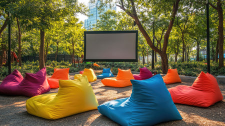 Vibrant bean bags arranged in front of a movie screen, surrounded by trees in a park settingの素材