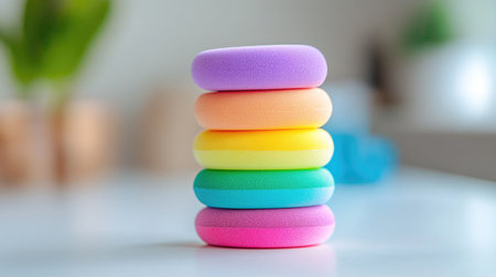 Various colorful makeup sponges stacked neatly in rainbow order on a white tabletopの素材