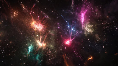 Wide shot of multiple fireworks launching and exploding in various colors across the night skyの素材