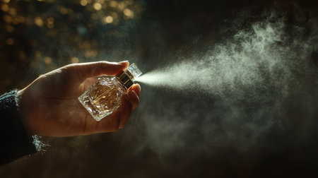 Woman's hand holding a crystal perfume bottle, spraying a mist of fragrance in dim lightingの素材