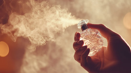 Woman holding a crystal perfume bottle, spraying a delicate mist, surrounded by soft, warm tonesの素材